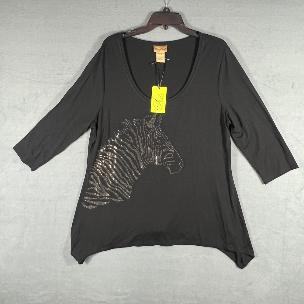 Midnight‎ Velvet Women's 1X Black Asymmetrical Tunic Top Rhinestone Zebra NWT